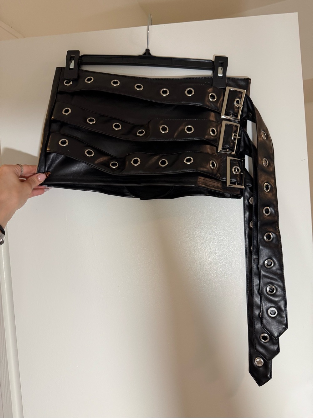 Black Faux Leather Belted Mini Skort